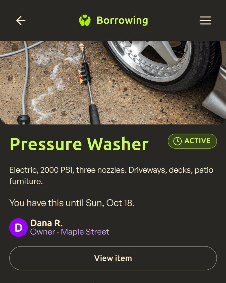 Borrow details showing an active borrow of a pressure washer