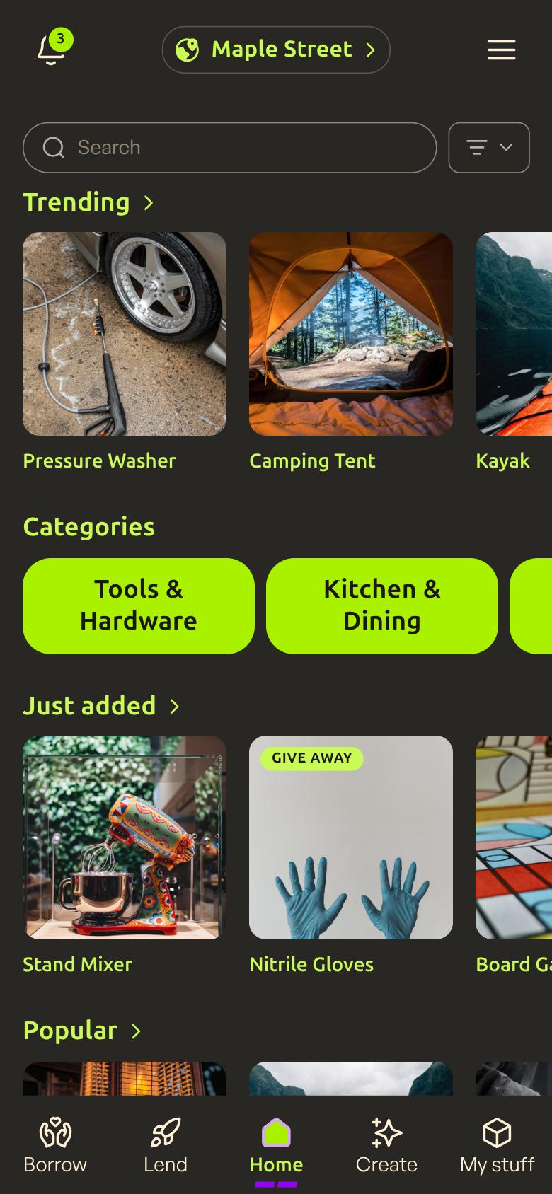 The GotThat home screen showing a community's trending and newly added items