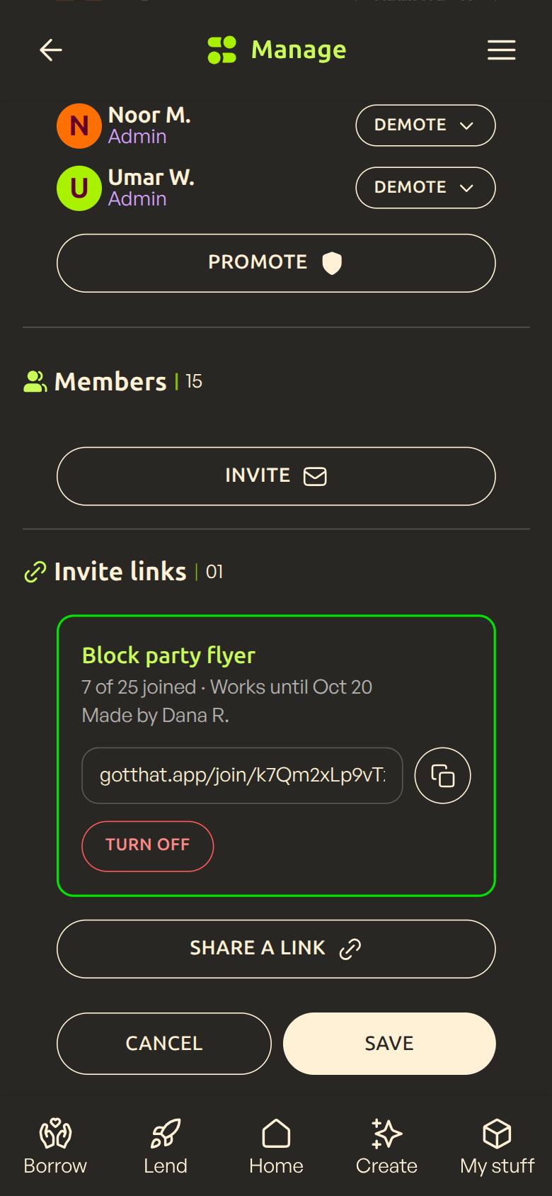 Community settings showing an invite link with 7 of 25 people joined