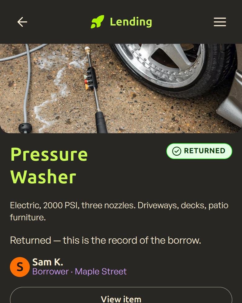 Borrow details showing the pressure washer marked returned