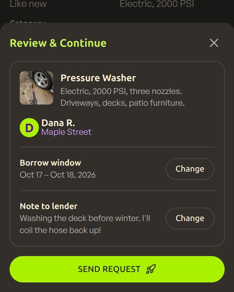Review and Continue sheet for borrowing a pressure washer